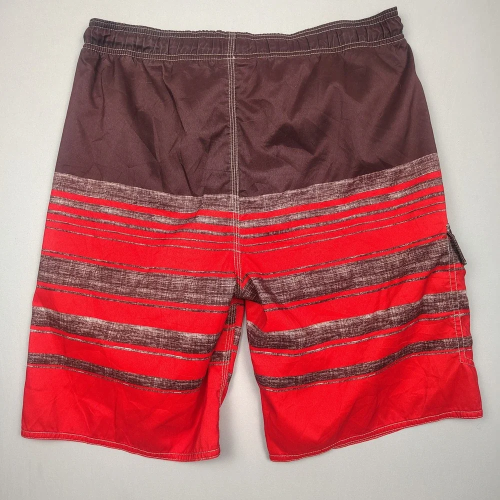 Unitop Board Shorts Mens 34 Red Burgundy Striped Cargo Pocket Polyester